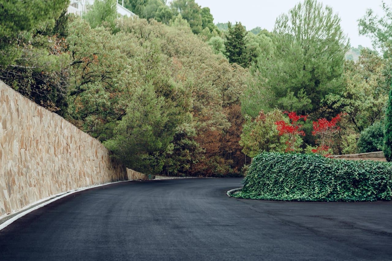 Curved walkway lined with a stone retaining wall and plantings